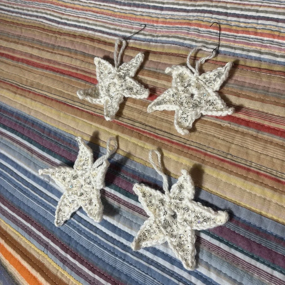 Handmade Crochet Christmas Ornaments Set of 8 Red Wreaths and Glitter Stars